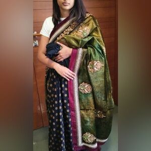 Sabyasachi Elegant Green and Blue Saree with Gold Accents